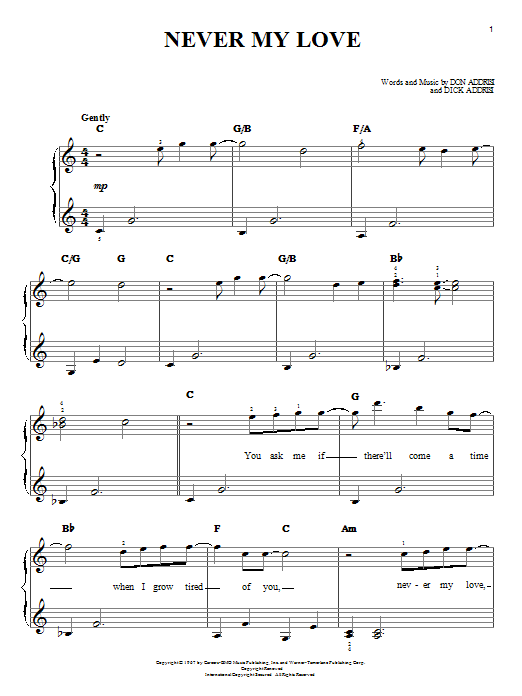 Preview The Fifth Dimension Never My Love Folk sheet music, notes and chords for Easy Piano, SKU: 19651 sheet music, piano notes, chords, guitar tabs, score, transpose, transcribe, how to play, guide, download, learn, tutorial, progression, song, artist, awards, billboard, mtv, vh1, tour, single, album, release