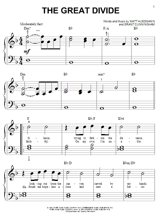 Preview Point Of Grace The Great Divide Pop sheet music, notes and chords for Piano (Big Notes), SKU: 19659 sheet music, piano notes, chords, guitar tabs, score, transpose, transcribe, how to play, guide, download, learn, tutorial, progression, song, artist, awards, billboard, mtv, vh1, tour, single, album, release