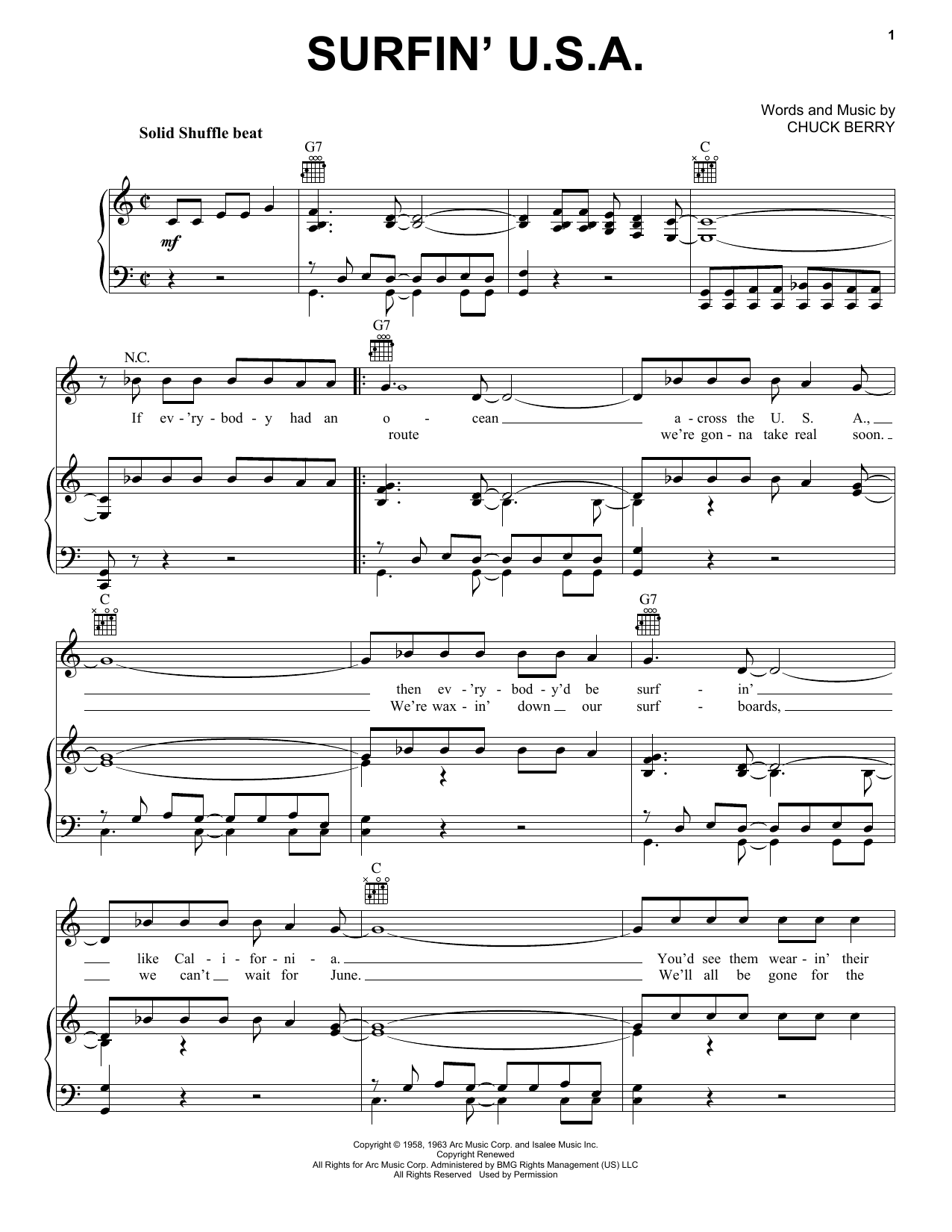 Preview The Beach Boys Surfin' U.S.A. Pop sheet music, notes and chords for Piano, Vocal & Guitar (Right-Hand Melody), SKU: 19662 sheet music, piano notes, chords, guitar tabs, score, transpose, transcribe, how to play, guide, download, learn, tutorial, progression, song, artist, awards, billboard, mtv, vh1, tour, single, album, release