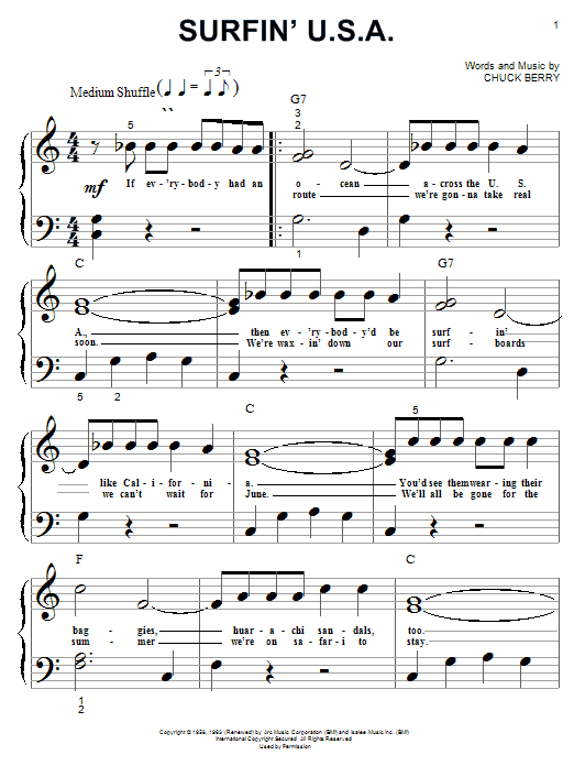 Preview The Beach Boys Surfin' U.S.A. Rock sheet music, notes and chords for Piano (Big Notes), SKU: 19663 sheet music, piano notes, chords, guitar tabs, score, transpose, transcribe, how to play, guide, download, learn, tutorial, progression, song, artist, awards, billboard, mtv, vh1, tour, single, album, release