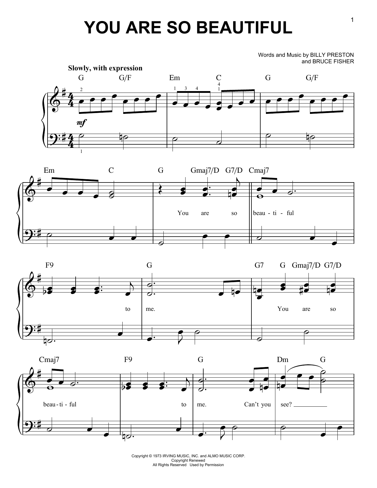 Preview Joe Cocker You Are So Beautiful Folk sheet music, notes and chords for Easy Piano, SKU: 19666 sheet music, piano notes, chords, guitar tabs, score, transpose, transcribe, how to play, guide, download, learn, tutorial, progression, song, artist, awards, billboard, mtv, vh1, tour, single, album, release