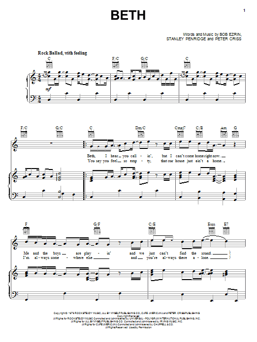 Preview KISS Beth Pop sheet music, notes and chords for Piano, Vocal & Guitar (Right-Hand Melody), SKU: 19668 sheet music, piano notes, chords, guitar tabs, score, transpose, transcribe, how to play, guide, download, learn, tutorial, progression, song, artist, awards, billboard, mtv, vh1, tour, single, album, release