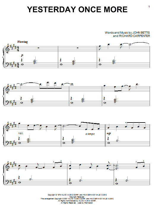 Preview Carpenters Yesterday Once More Pop sheet music, notes and chords for Piano, SKU: 19672 sheet music, piano notes, chords, guitar tabs, score, transpose, transcribe, how to play, guide, download, learn, tutorial, progression, song, artist, awards, billboard, mtv, vh1, tour, single, album, release