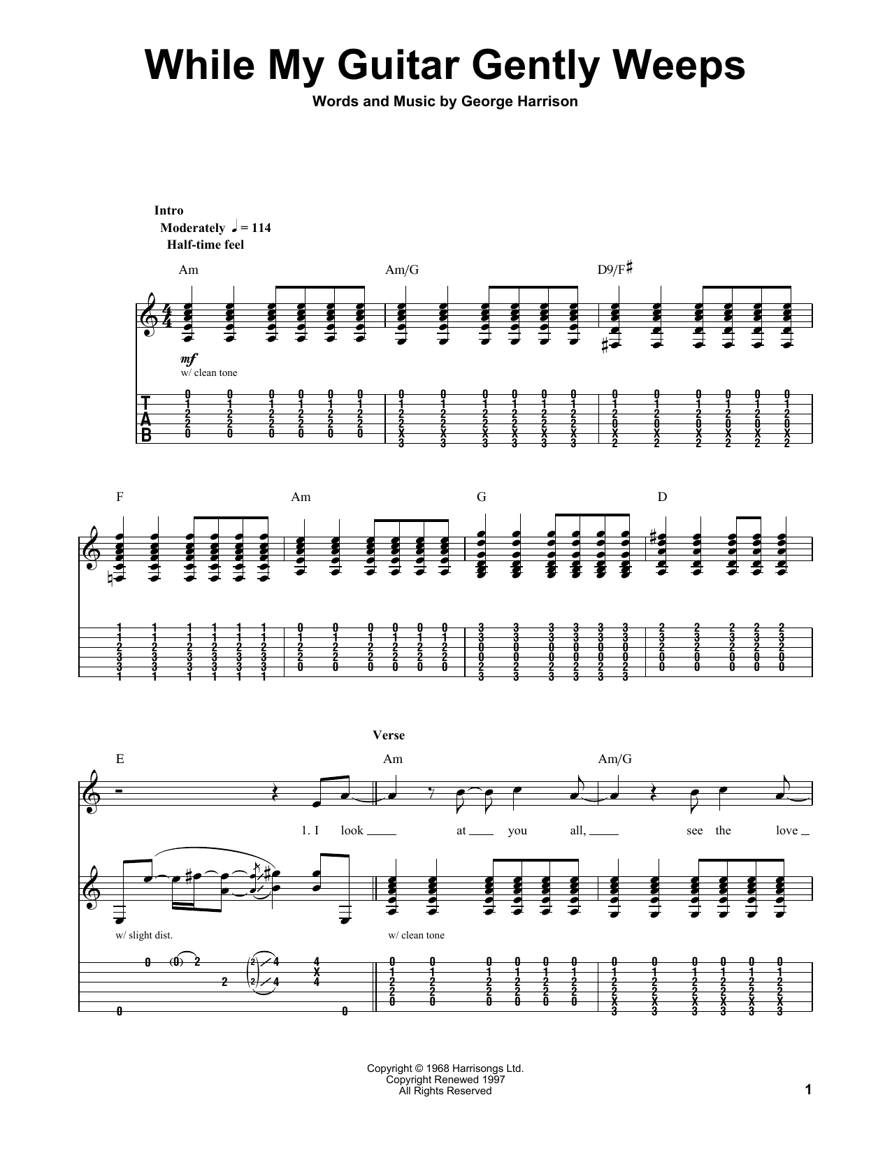 Preview The Beatles While My Guitar Gently Weeps Rock sheet music, notes and chords for Guitar Tab Play-Along, SKU: 196770 sheet music, piano notes, chords, guitar tabs, score, transpose, transcribe, how to play, guide, download, learn, tutorial, progression, song, artist, awards, billboard, mtv, vh1, tour, single, album, release