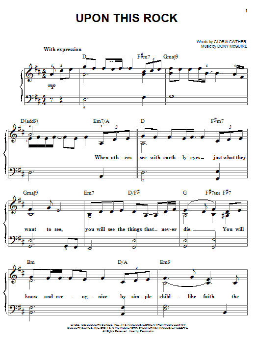 Preview Bill & Gloria Gaither Upon This Rock Religious sheet music, notes and chords for Easy Piano, SKU: 19679 sheet music, piano notes, chords, guitar tabs, score, transpose, transcribe, how to play, guide, download, learn, tutorial, progression, song, artist, awards, billboard, mtv, vh1, tour, single, album, release