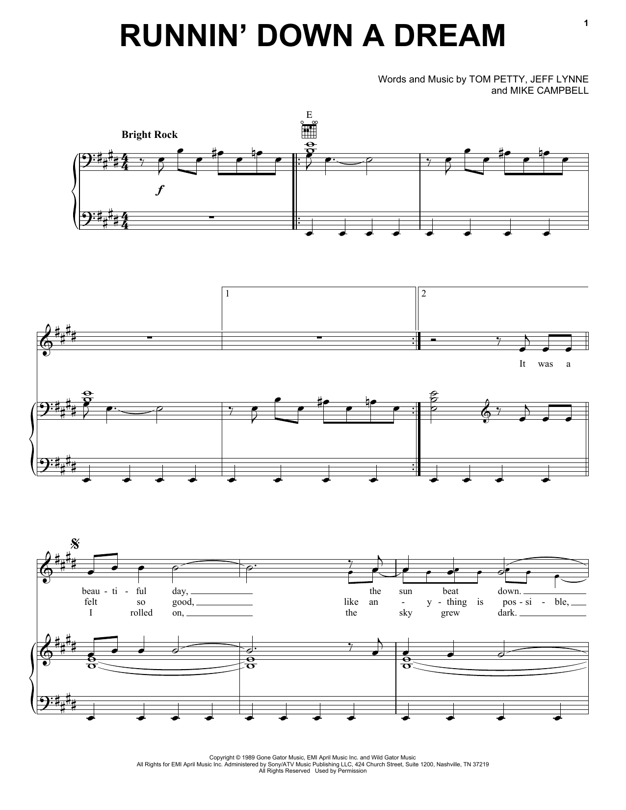 Preview Tom Petty Runnin' Down A Dream Rock sheet music, notes and chords for Piano, Vocal & Guitar (Right-Hand Melody), SKU: 19684 sheet music, piano notes, chords, guitar tabs, score, transpose, transcribe, how to play, guide, download, learn, tutorial, progression, song, artist, awards, billboard, mtv, vh1, tour, single, album, release