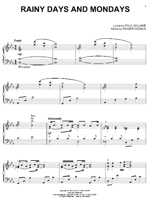 Preview Carpenters Rainy Days And Mondays Pop sheet music, notes and chords for Piano, SKU: 19686 sheet music, piano notes, chords, guitar tabs, score, transpose, transcribe, how to play, guide, download, learn, tutorial, progression, song, artist, awards, billboard, mtv, vh1, tour, single, album, release