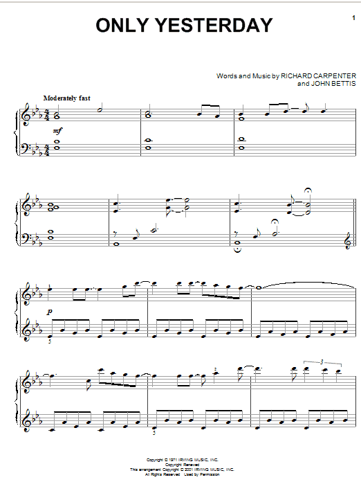Preview Carpenters Only Yesterday Pop sheet music, notes and chords for Piano, SKU: 19687 sheet music, piano notes, chords, guitar tabs, score, transpose, transcribe, how to play, guide, download, learn, tutorial, progression, song, artist, awards, billboard, mtv, vh1, tour, single, album, release