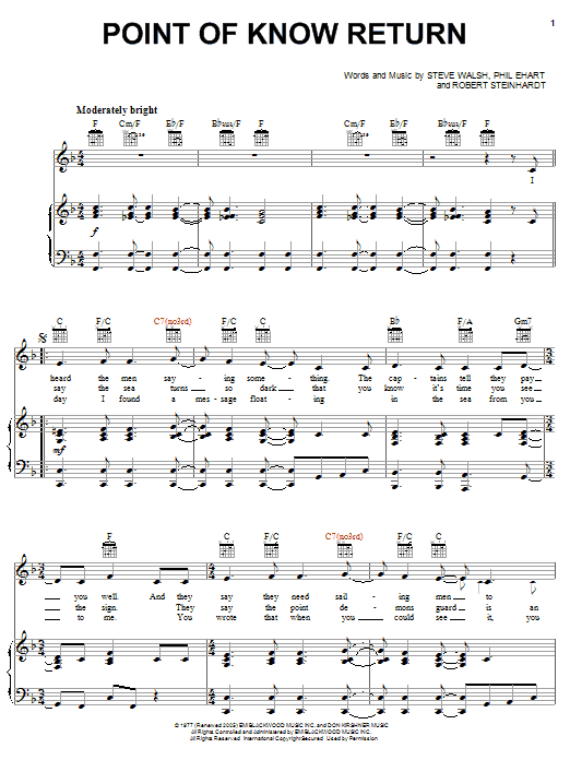 Preview Kansas Point Of Know Return Rock sheet music, notes and chords for Piano, Vocal & Guitar (Right-Hand Melody), SKU: 19688 sheet music, piano notes, chords, guitar tabs, score, transpose, transcribe, how to play, guide, download, learn, tutorial, progression, song, artist, awards, billboard, mtv, vh1, tour, single, album, release