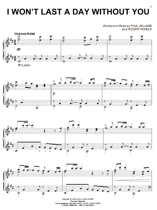 Preview Carpenters I Won't Last A Day Without You Pop sheet music, notes and chords for Piano, SKU: 19696 sheet music, piano notes, chords, guitar tabs, score, transpose, transcribe, how to play, guide, download, learn, tutorial, progression, song, artist, awards, billboard, mtv, vh1, tour, single, album, release