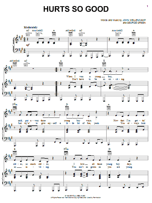 Preview John Mellencamp Hurts So Good Rock sheet music, notes and chords for Piano, Vocal & Guitar (Right-Hand Melody), SKU: 19698 sheet music, piano notes, chords, guitar tabs, score, transpose, transcribe, how to play, guide, download, learn, tutorial, progression, song, artist, awards, billboard, mtv, vh1, tour, single, album, release