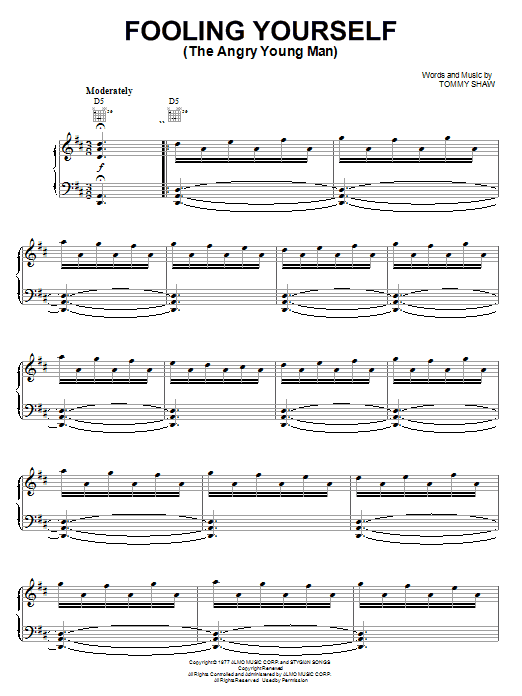 Preview Styx Fooling Yourself (The Angry Young Man) Rock sheet music, notes and chords for Piano, Vocal & Guitar (Right-Hand Melody), SKU: 19703 sheet music, piano notes, chords, guitar tabs, score, transpose, transcribe, how to play, guide, download, learn, tutorial, progression, song, artist, awards, billboard, mtv, vh1, tour, single, album, release