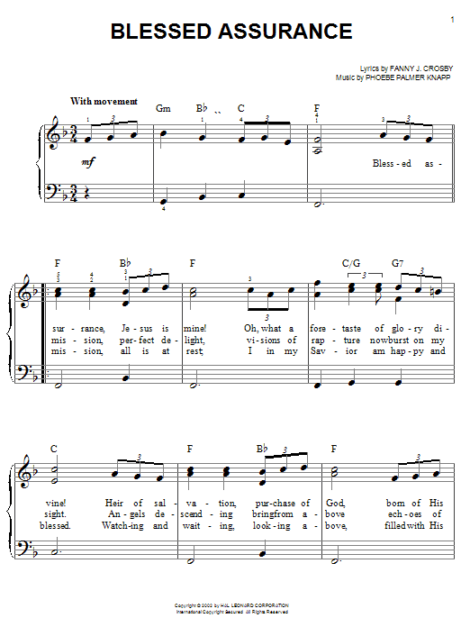 Preview Phoebe P. Knapp Blessed Assurance Hymn sheet music, notes and chords for Easy Piano, SKU: 19708 sheet music, piano notes, chords, guitar tabs, score, transpose, transcribe, how to play, guide, download, learn, tutorial, progression, song, artist, awards, billboard, mtv, vh1, tour, single, album, release