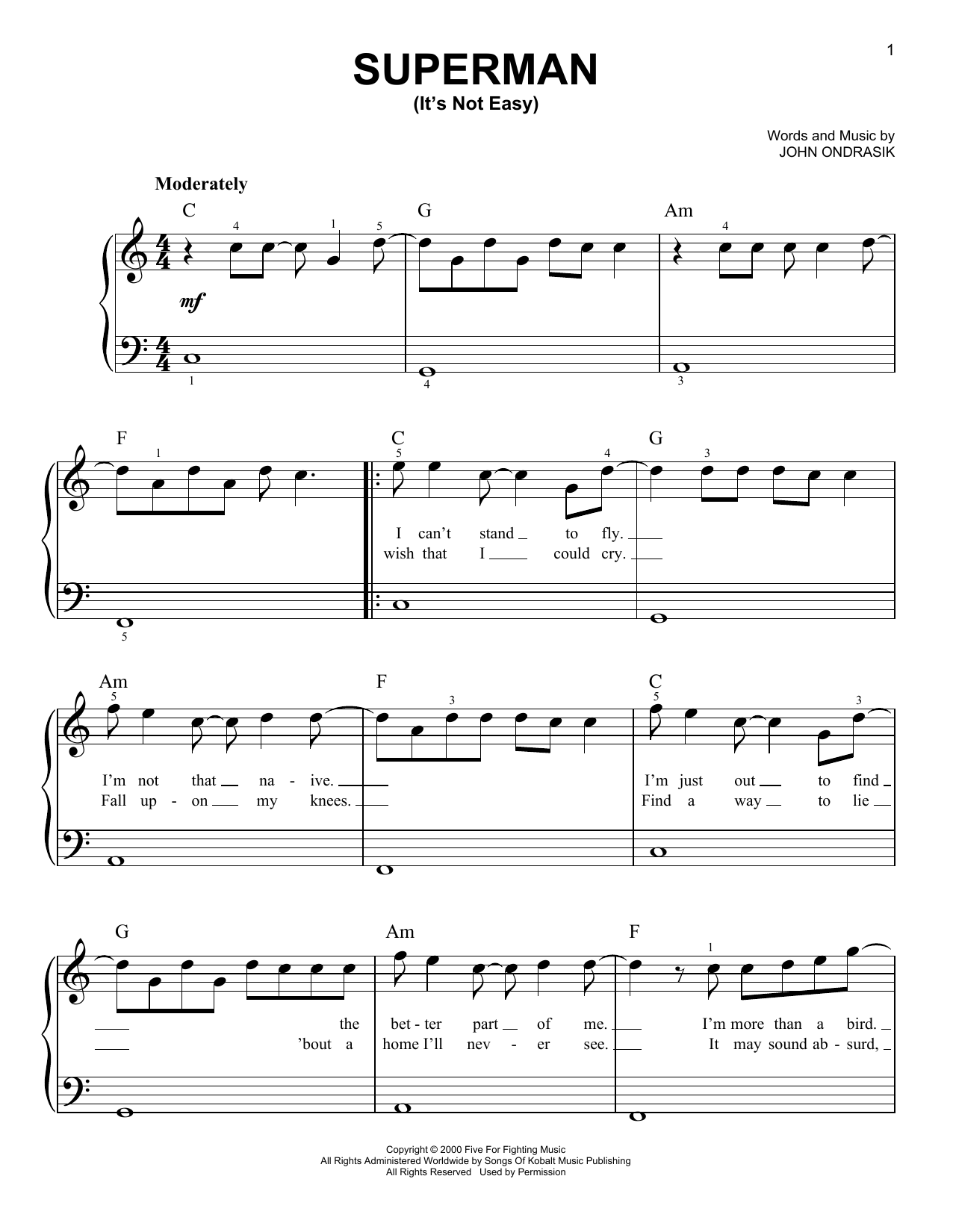 Preview Five For Fighting Superman (It's Not Easy) Rock sheet music, notes and chords for Easy Piano, SKU: 19719 sheet music, piano notes, chords, guitar tabs, score, transpose, transcribe, how to play, guide, download, learn, tutorial, progression, song, artist, awards, billboard, mtv, vh1, tour, single, album, release