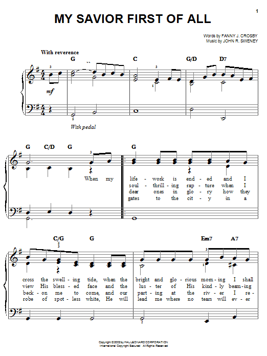 Preview Fanny J. Crosby My Savior First Of All Hymn sheet music, notes and chords for Easy Piano, SKU: 19728 sheet music, piano notes, chords, guitar tabs, score, transpose, transcribe, how to play, guide, download, learn, tutorial, progression, song, artist, awards, billboard, mtv, vh1, tour, single, album, release