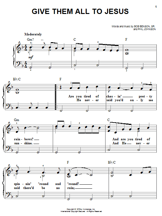 Preview Bo Benson Sr. Give Them All To Jesus Religious sheet music, notes and chords for Easy Piano, SKU: 19730 sheet music, piano notes, chords, guitar tabs, score, transpose, transcribe, how to play, guide, download, learn, tutorial, progression, song, artist, awards, billboard, mtv, vh1, tour, single, album, release