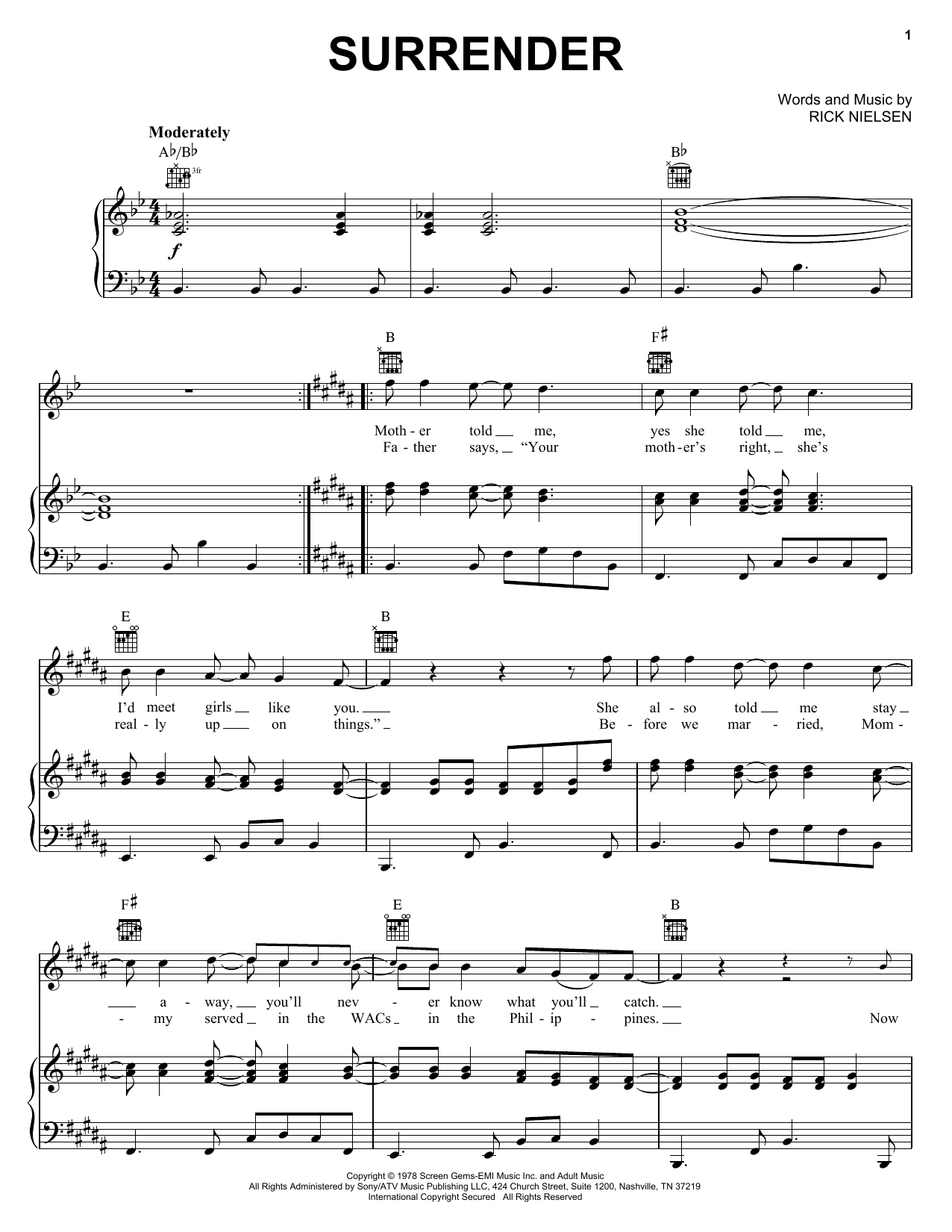 Preview Cheap Trick Surrender Rock sheet music, notes and chords for Piano, Vocal & Guitar (Right-Hand Melody), SKU: 19734 sheet music, piano notes, chords, guitar tabs, score, transpose, transcribe, how to play, guide, download, learn, tutorial, progression, song, artist, awards, billboard, mtv, vh1, tour, single, album, release
