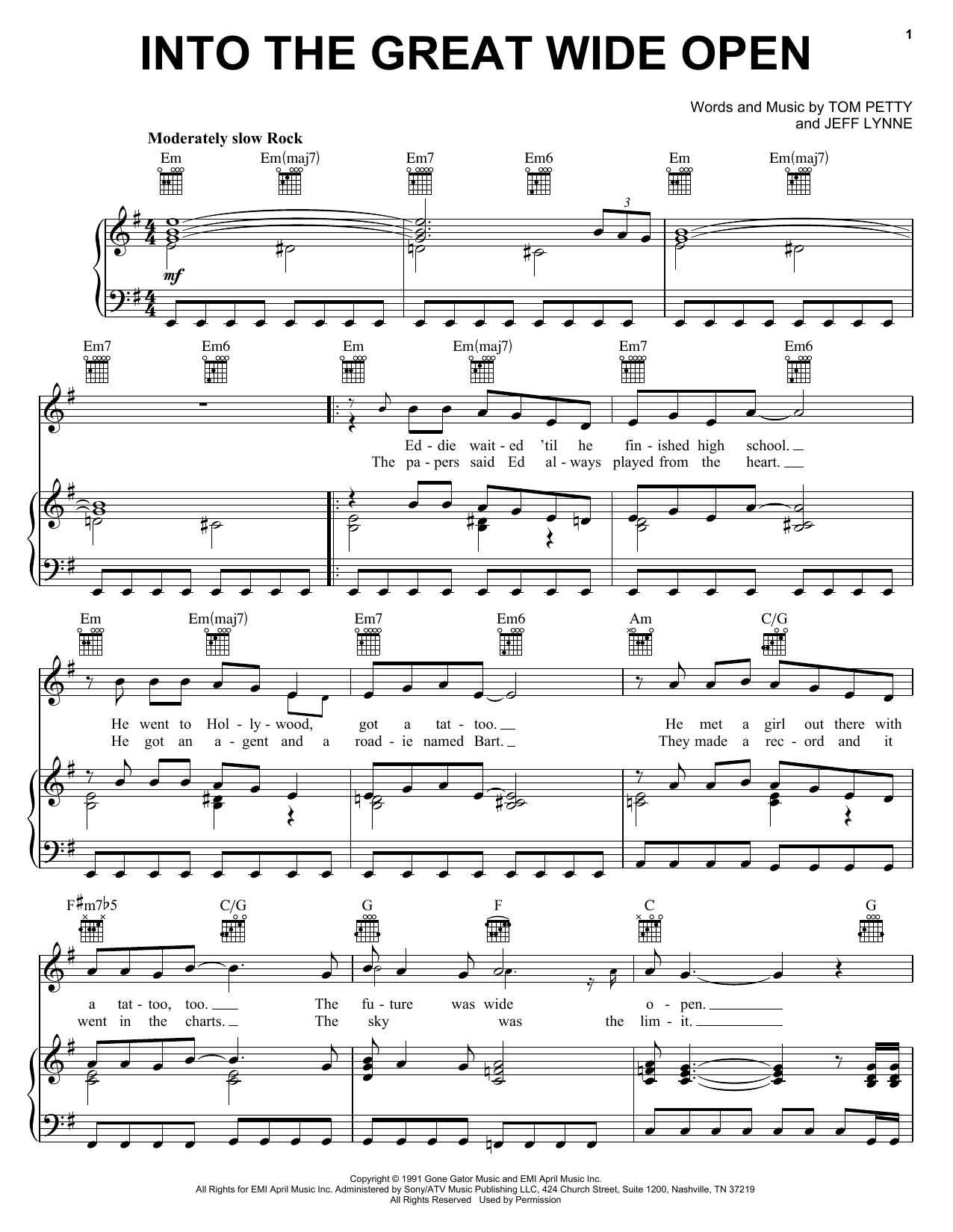 Preview Tom Petty And The Heartbreakers Into The Great Wide Open Rock sheet music, notes and chords for Piano, Vocal & Guitar (Right-Hand Melody), SKU: 19739 sheet music, piano notes, chords, guitar tabs, score, transpose, transcribe, how to play, guide, download, learn, tutorial, progression, song, artist, awards, billboard, mtv, vh1, tour, single, album, release