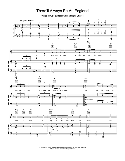Preview Ross Parker There'll Always Be An England Classics sheet music, notes and chords for Piano, Vocal & Guitar (Right-Hand Melody), SKU: 19742 sheet music, piano notes, chords, guitar tabs, score, transpose, transcribe, how to play, guide, download, learn, tutorial, progression, song, artist, awards, billboard, mtv, vh1, tour, single, album, release