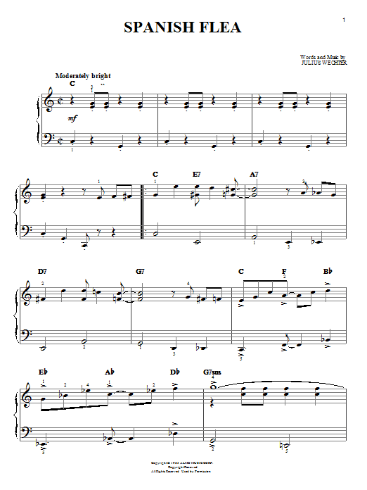 Preview Herb Alpert & The Tijuana Brass Spanish Flea Pop sheet music, notes and chords for Easy Piano, SKU: 19743 sheet music, piano notes, chords, guitar tabs, score, transpose, transcribe, how to play, guide, download, learn, tutorial, progression, song, artist, awards, billboard, mtv, vh1, tour, single, album, release