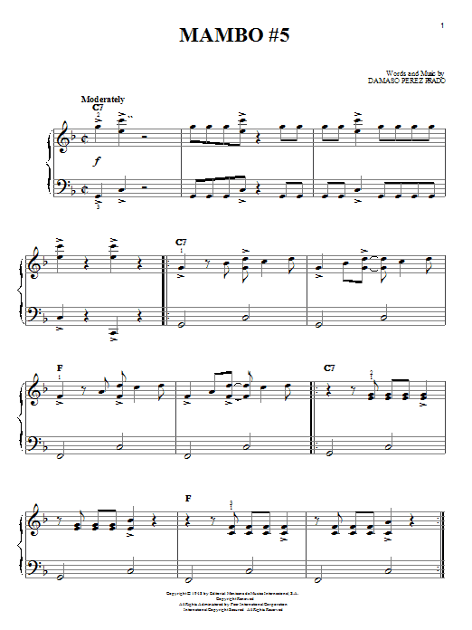 Preview Perez Prado And His Orchestra Mambo #5 Jazz sheet music, notes and chords for Easy Piano, SKU: 19745 sheet music, piano notes, chords, guitar tabs, score, transpose, transcribe, how to play, guide, download, learn, tutorial, progression, song, artist, awards, billboard, mtv, vh1, tour, single, album, release