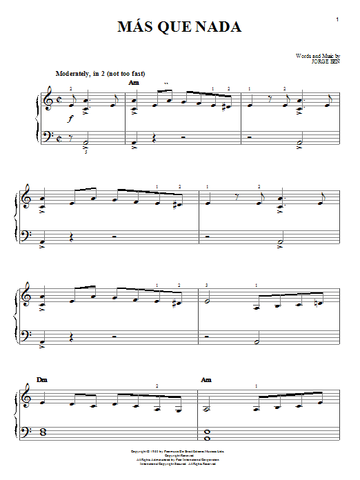 Preview Sergio Mendes Mas Que Nada Jazz sheet music, notes and chords for Easy Piano, SKU: 19746 sheet music, piano notes, chords, guitar tabs, score, transpose, transcribe, how to play, guide, download, learn, tutorial, progression, song, artist, awards, billboard, mtv, vh1, tour, single, album, release