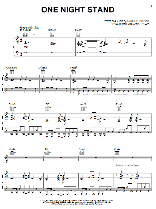 Preview Enrique Iglesias One Night Stand Pop sheet music, notes and chords for Piano, Vocal & Guitar (Right-Hand Melody), SKU: 19750 sheet music, piano notes, chords, guitar tabs, score, transpose, transcribe, how to play, guide, download, learn, tutorial, progression, song, artist, awards, billboard, mtv, vh1, tour, single, album, release