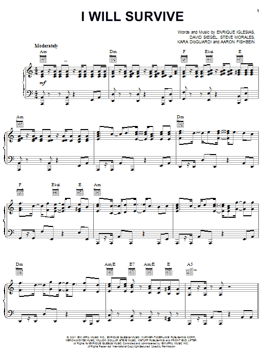 Preview Enrique Iglesias I Will Survive Pop sheet music, notes and chords for Piano, Vocal & Guitar (Right-Hand Melody), SKU: 19754 sheet music, piano notes, chords, guitar tabs, score, transpose, transcribe, how to play, guide, download, learn, tutorial, progression, song, artist, awards, billboard, mtv, vh1, tour, single, album, release