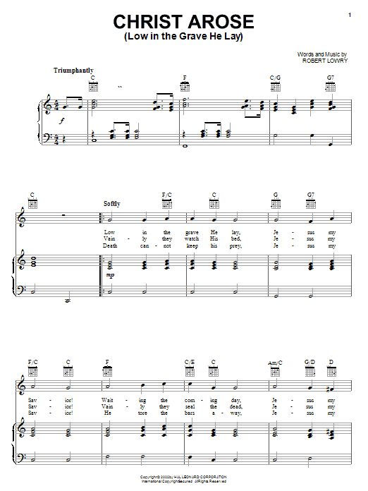 Preview Robert Lowry Christ Arose (Low In The Grave He Lay) Hymn sheet music, notes and chords for Piano, Vocal & Guitar (Right-Hand Melody), SKU: 19766 sheet music, piano notes, chords, guitar tabs, score, transpose, transcribe, how to play, guide, download, learn, tutorial, progression, song, artist, awards, billboard, mtv, vh1, tour, single, album, release