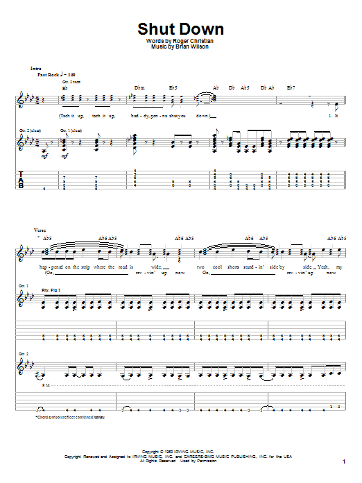 Preview The Beach Boys Shut Down Pop sheet music, notes and chords for Guitar Tab, SKU: 19771 sheet music, piano notes, chords, guitar tabs, score, transpose, transcribe, how to play, guide, download, learn, tutorial, progression, song, artist, awards, billboard, mtv, vh1, tour, single, album, release