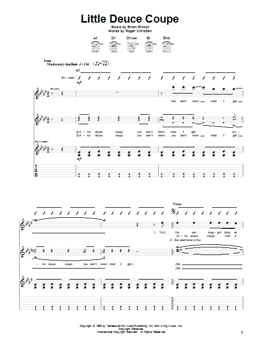 Preview The Beach Boys Little Deuce Coupe Pop sheet music, notes and chords for Guitar Tab, SKU: 19776 sheet music, piano notes, chords, guitar tabs, score, transpose, transcribe, how to play, guide, download, learn, tutorial, progression, song, artist, awards, billboard, mtv, vh1, tour, single, album, release