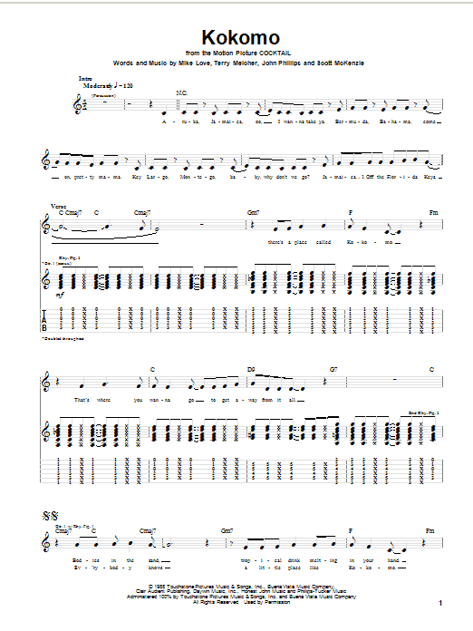 Preview The Beach Boys Kokomo Pop sheet music, notes and chords for Guitar Tab, SKU: 19778 sheet music, piano notes, chords, guitar tabs, score, transpose, transcribe, how to play, guide, download, learn, tutorial, progression, song, artist, awards, billboard, mtv, vh1, tour, single, album, release