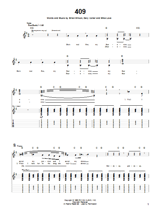 Preview The Beach Boys 409 Pop sheet music, notes and chords for Guitar Tab, SKU: 19784 sheet music, piano notes, chords, guitar tabs, score, transpose, transcribe, how to play, guide, download, learn, tutorial, progression, song, artist, awards, billboard, mtv, vh1, tour, single, album, release