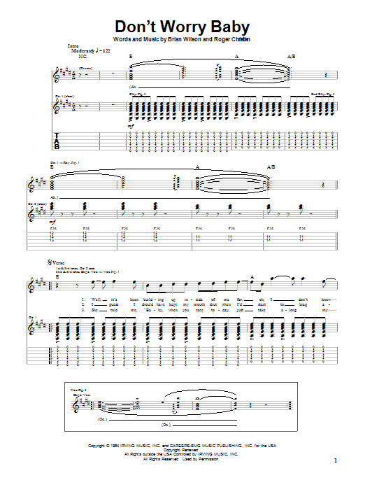 Preview The Beach Boys Don't Worry Baby Pop sheet music, notes and chords for Guitar Tab, SKU: 19785 sheet music, piano notes, chords, guitar tabs, score, transpose, transcribe, how to play, guide, download, learn, tutorial, progression, song, artist, awards, billboard, mtv, vh1, tour, single, album, release