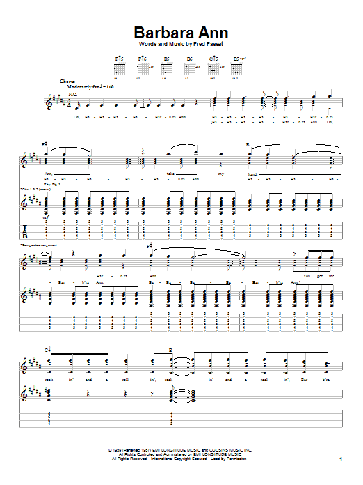 Preview The Beach Boys Barbara Ann Pop sheet music, notes and chords for Guitar Tab, SKU: 19789 sheet music, piano notes, chords, guitar tabs, score, transpose, transcribe, how to play, guide, download, learn, tutorial, progression, song, artist, awards, billboard, mtv, vh1, tour, single, album, release