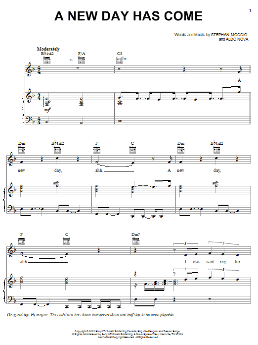 Preview Celine Dion A New Day Has Come Pop sheet music, notes and chords for Piano, Vocal & Guitar (Right-Hand Melody), SKU: 19793 sheet music, piano notes, chords, guitar tabs, score, transpose, transcribe, how to play, guide, download, learn, tutorial, progression, song, artist, awards, billboard, mtv, vh1, tour, single, album, release