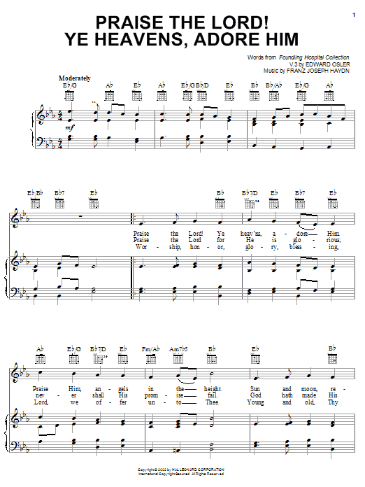 Preview Edward Osler Praise The Lord! Ye Heavens, Adore Him Hymn sheet music, notes and chords for Piano, Vocal & Guitar (Right-Hand Melody), SKU: 19804 sheet music, piano notes, chords, guitar tabs, score, transpose, transcribe, how to play, guide, download, learn, tutorial, progression, song, artist, awards, billboard, mtv, vh1, tour, single, album, release