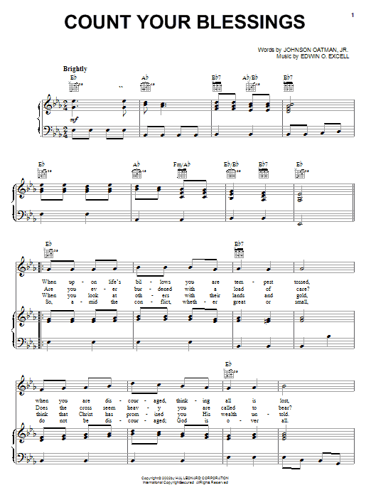 Preview Edwin O. Excell Count Your Blessings Hymn sheet music, notes and chords for Piano, Vocal & Guitar (Right-Hand Melody), SKU: 19809 sheet music, piano notes, chords, guitar tabs, score, transpose, transcribe, how to play, guide, download, learn, tutorial, progression, song, artist, awards, billboard, mtv, vh1, tour, single, album, release