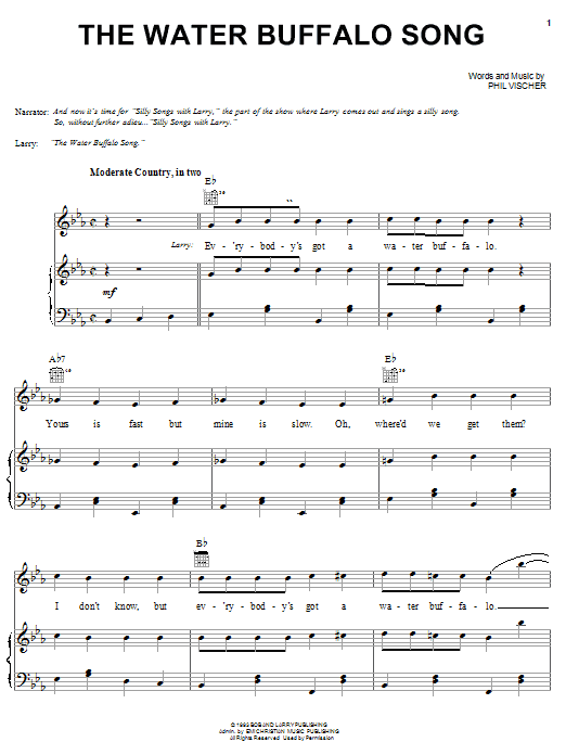 Preview VeggieTales The Water Buffalo Song Film and TV sheet music, notes and chords for Piano, Vocal & Guitar (Right-Hand Melody), SKU: 19812 sheet music, piano notes, chords, guitar tabs, score, transpose, transcribe, how to play, guide, download, learn, tutorial, progression, song, artist, awards, billboard, mtv, vh1, tour, single, album, release