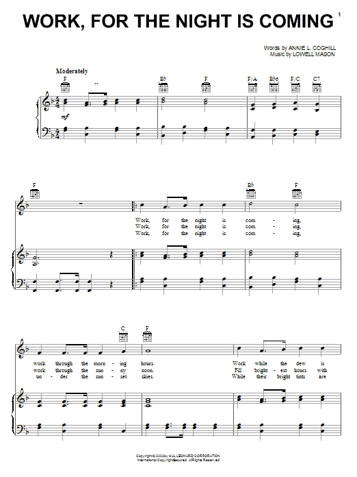 Preview Annie L. Coghill Work, For The Night Is Coming Hymn sheet music, notes and chords for Piano, Vocal & Guitar (Right-Hand Melody), SKU: 19813 sheet music, piano notes, chords, guitar tabs, score, transpose, transcribe, how to play, guide, download, learn, tutorial, progression, song, artist, awards, billboard, mtv, vh1, tour, single, album, release