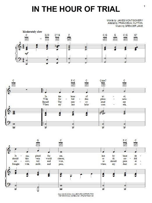 Preview Spencer Lane In The Hour Of Trial Hymn sheet music, notes and chords for Piano, Vocal & Guitar (Right-Hand Melody), SKU: 19816 sheet music, piano notes, chords, guitar tabs, score, transpose, transcribe, how to play, guide, download, learn, tutorial, progression, song, artist, awards, billboard, mtv, vh1, tour, single, album, release
