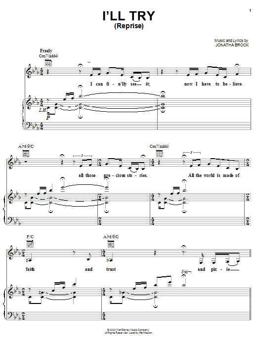 Preview Jonatha Brooke I'll Try (Reprise) (from Peter Pan: Return To Neverland) Film and TV sheet music, notes and chords for Piano, Vocal & Guitar (Right-Hand Melody), SKU: 19823 sheet music, piano notes, chords, guitar tabs, score, transpose, transcribe, how to play, guide, download, learn, tutorial, progression, song, artist, awards, billboard, mtv, vh1, tour, single, album, release