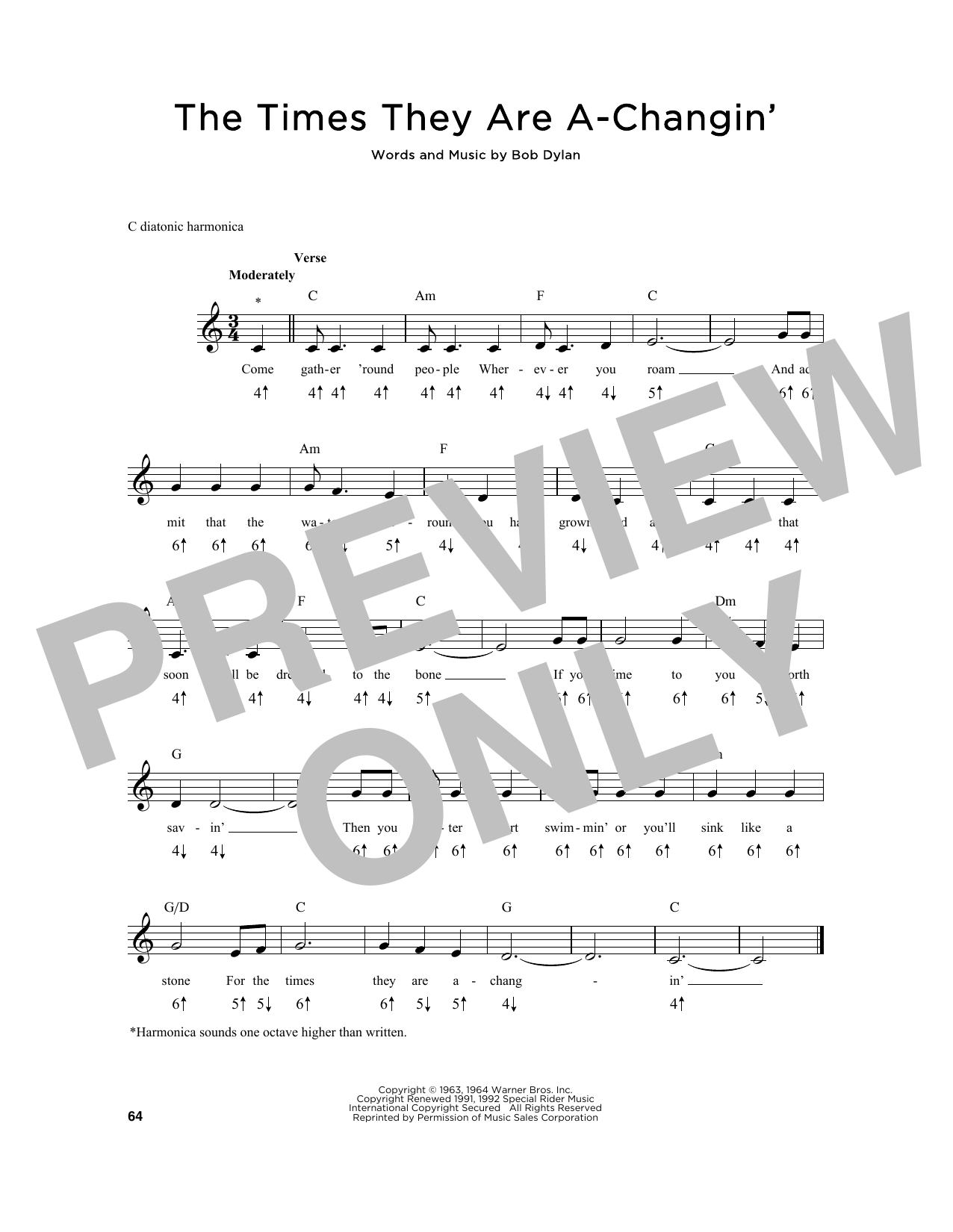 Preview Bob Dylan The Times They Are A-Changin' Pop sheet music, notes and chords for Harmonica, SKU: 198258 sheet music, piano notes, chords, guitar tabs, score, transpose, transcribe, how to play, guide, download, learn, tutorial, progression, song, artist, awards, billboard, mtv, vh1, tour, single, album, release