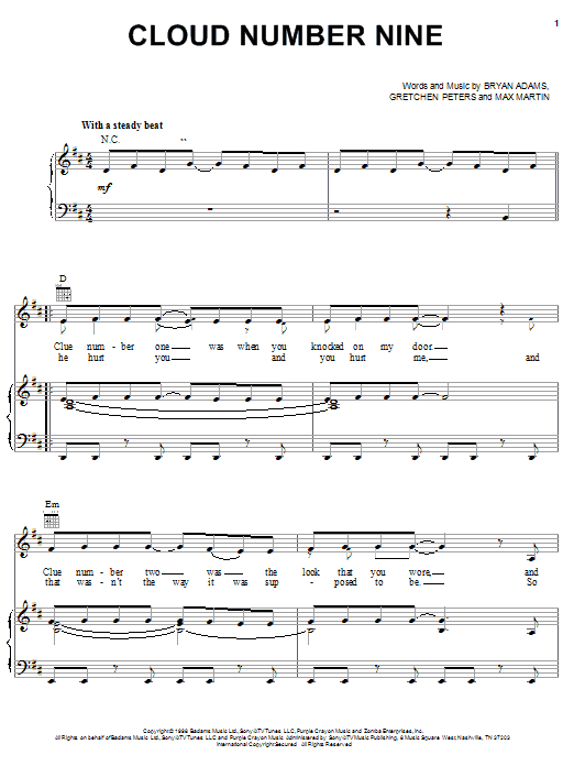 Preview Bryan Adams Cloud Number Nine Pop sheet music, notes and chords for Piano, Vocal & Guitar (Right-Hand Melody), SKU: 19834 sheet music, piano notes, chords, guitar tabs, score, transpose, transcribe, how to play, guide, download, learn, tutorial, progression, song, artist, awards, billboard, mtv, vh1, tour, single, album, release