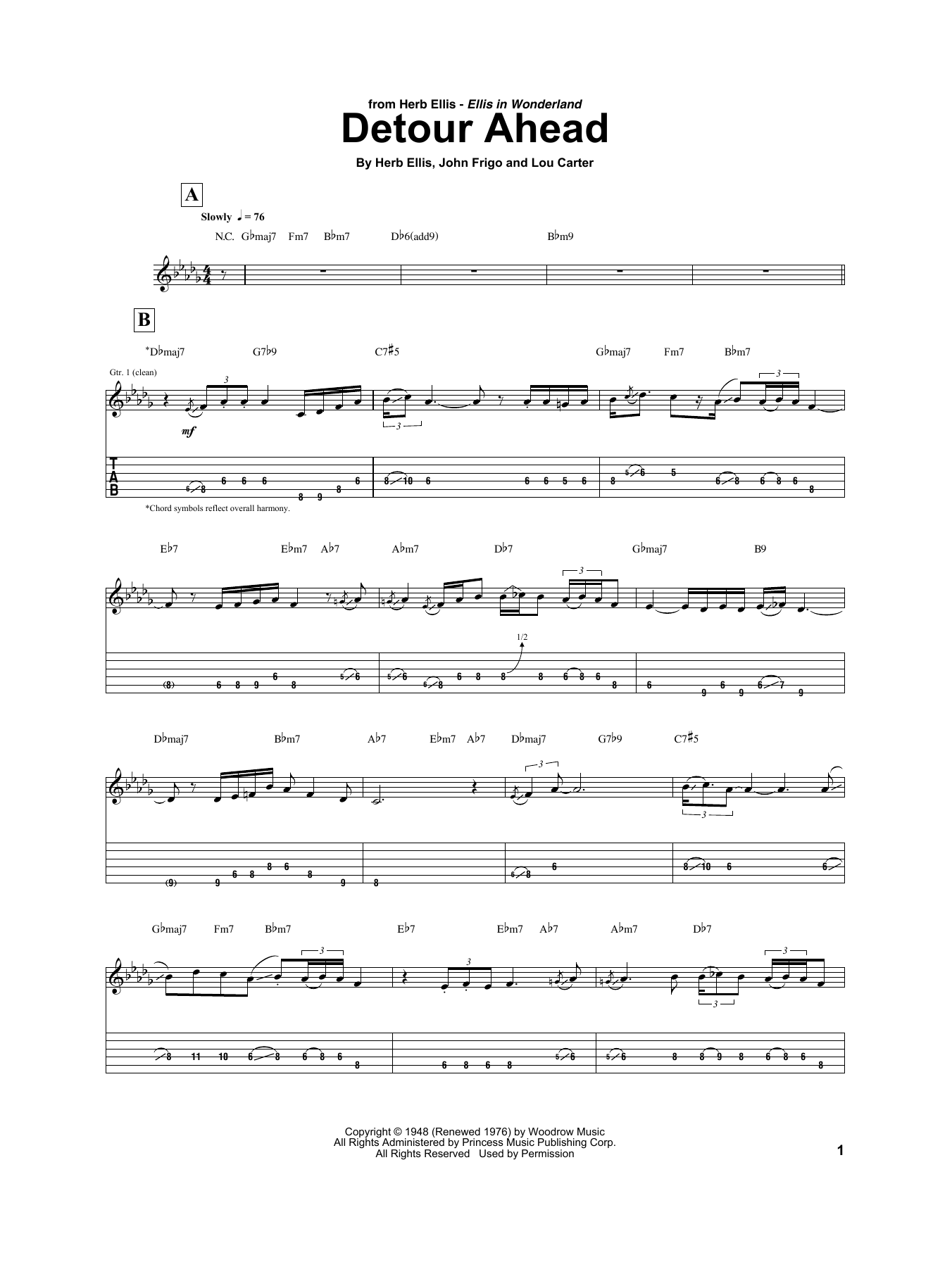 Preview Herb Ellis Detour Ahead Jazz sheet music, notes and chords for Electric Guitar Transcription, SKU: 198358 sheet music, piano notes, chords, guitar tabs, score, transpose, transcribe, how to play, guide, download, learn, tutorial, progression, song, artist, awards, billboard, mtv, vh1, tour, single, album, release