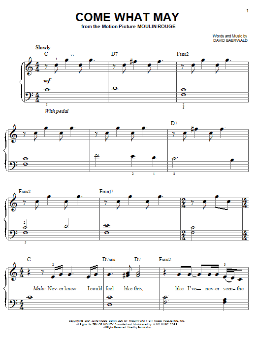 Preview Nicole Kidman and Ewan McGregor Come What May (from Moulin Rouge) Pop sheet music, notes and chords for Easy Piano, SKU: 19835 sheet music, piano notes, chords, guitar tabs, score, transpose, transcribe, how to play, guide, download, learn, tutorial, progression, song, artist, awards, billboard, mtv, vh1, tour, single, album, release