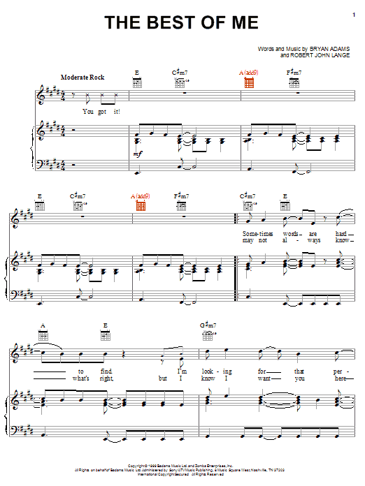 Preview Bryan Adams The Best Of Me Pop sheet music, notes and chords for Piano, Vocal & Guitar (Right-Hand Melody), SKU: 19836 sheet music, piano notes, chords, guitar tabs, score, transpose, transcribe, how to play, guide, download, learn, tutorial, progression, song, artist, awards, billboard, mtv, vh1, tour, single, album, release
