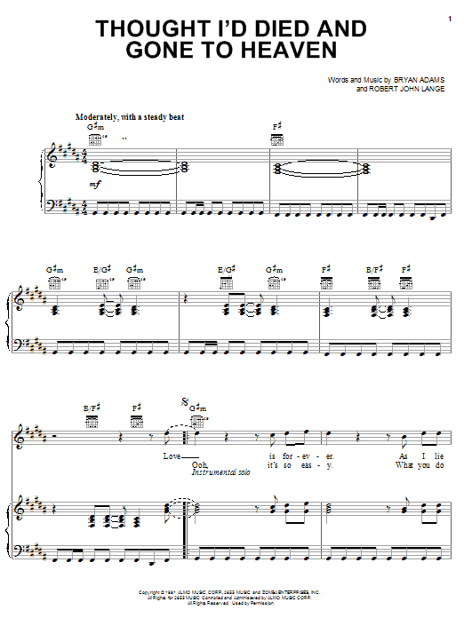 Preview Bryan Adams Thought I'd Died And Gone To Heaven Pop sheet music, notes and chords for Piano, Vocal & Guitar (Right-Hand Melody), SKU: 19843 sheet music, piano notes, chords, guitar tabs, score, transpose, transcribe, how to play, guide, download, learn, tutorial, progression, song, artist, awards, billboard, mtv, vh1, tour, single, album, release