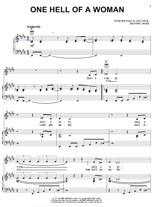 Preview Mac Davis One Hell Of A Woman Country sheet music, notes and chords for Piano, Vocal & Guitar (Right-Hand Melody), SKU: 19852 sheet music, piano notes, chords, guitar tabs, score, transpose, transcribe, how to play, guide, download, learn, tutorial, progression, song, artist, awards, billboard, mtv, vh1, tour, single, album, release