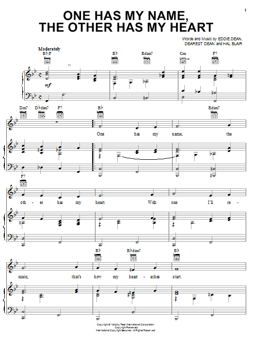 Preview Jerry Lee Lewis One Has My Name, The Other Has My Heart Country sheet music, notes and chords for Piano, Vocal & Guitar (Right-Hand Melody), SKU: 19853 sheet music, piano notes, chords, guitar tabs, score, transpose, transcribe, how to play, guide, download, learn, tutorial, progression, song, artist, awards, billboard, mtv, vh1, tour, single, album, release